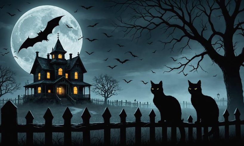 haunted house moonlit cat bats